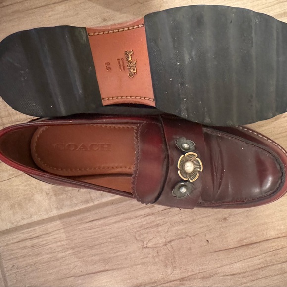 Coach Women’s Burgundy Leather Penny Loafers with Floral Hardware - Picture 4 of 5